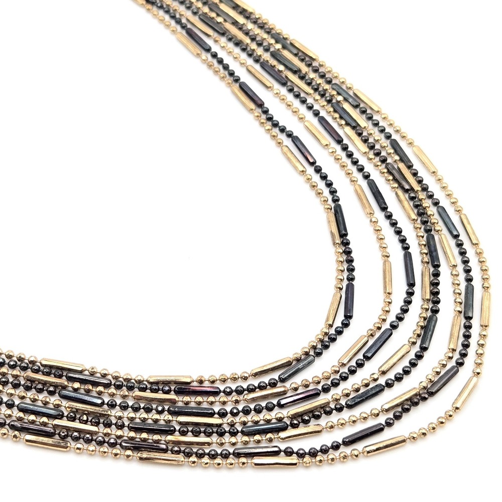Mixed Metal‎ Multi Strand Bib Necklace Gold Gunmetal Tone Beaded Tube Ball Chain
